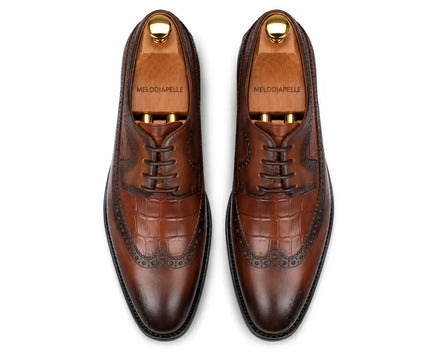 Malcomb Croc-Panel Wingtip Derby for Men - Goodyear Welted Leather Shoes