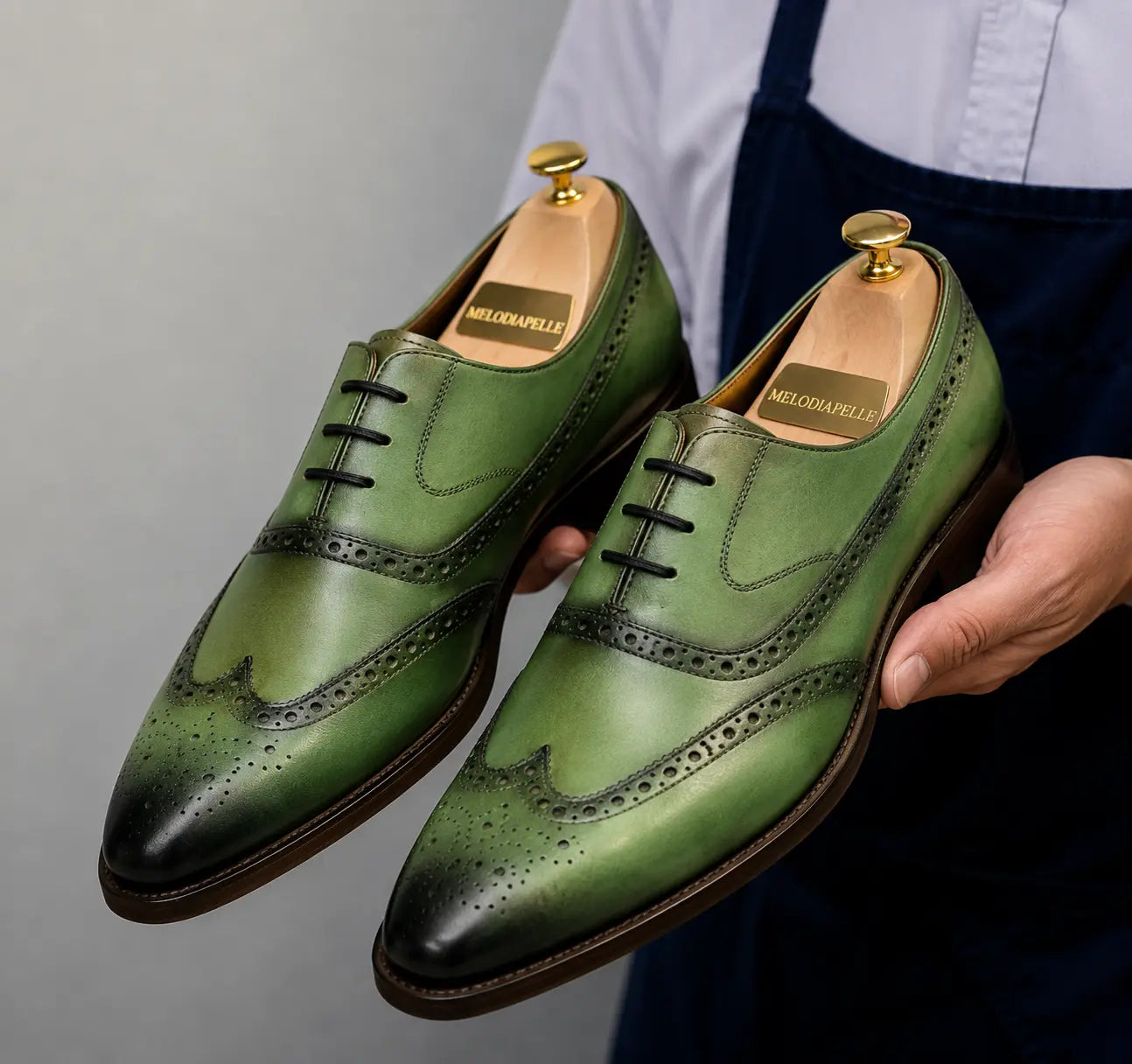 Mossverde Hand-Patina Wingtip Brogue Oxford for Men - Goodyear Welted Leather Shoes