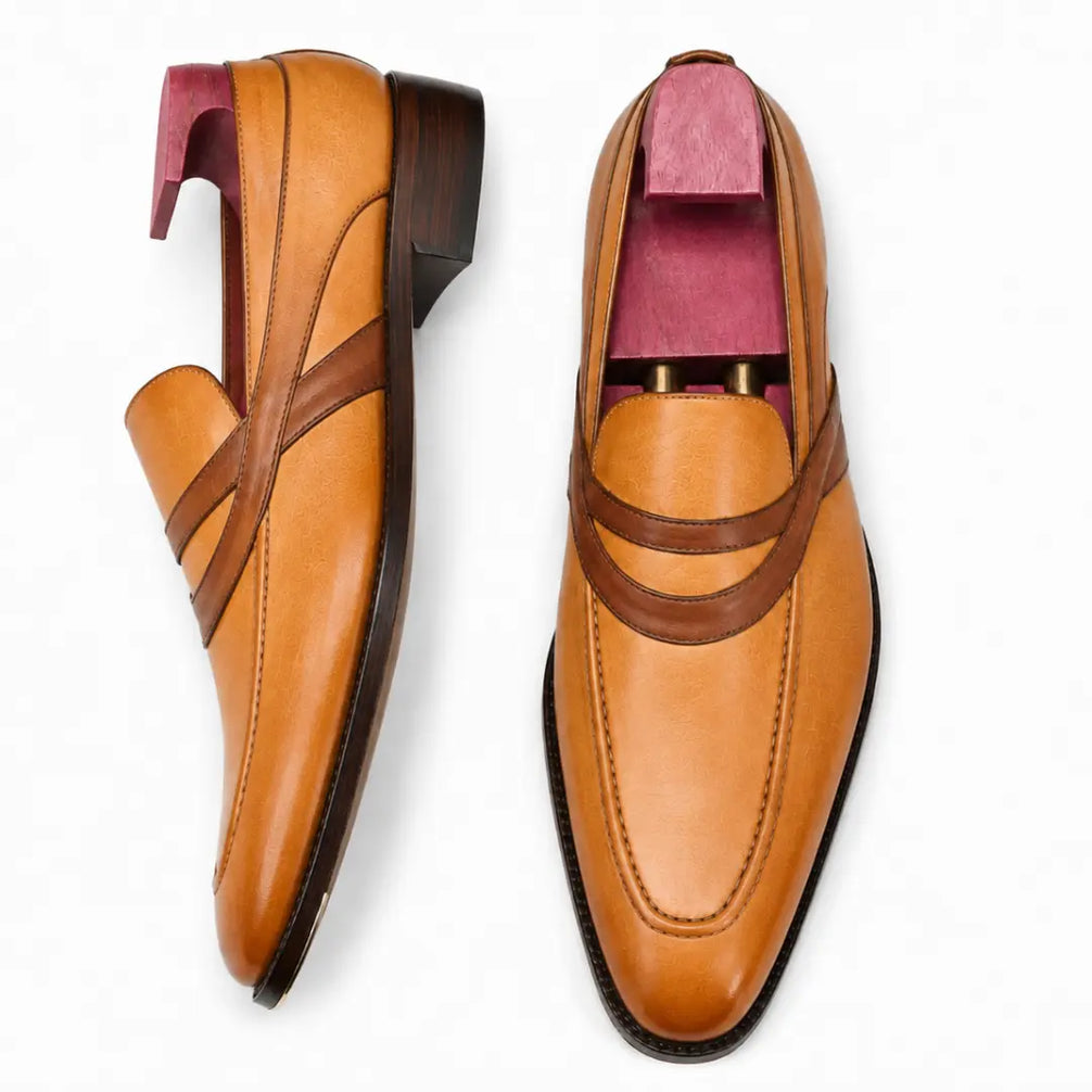 Mirasol Two-Tone Crossed-Strap Dress Loafer for Men - Hand-Patina Leather Shoes