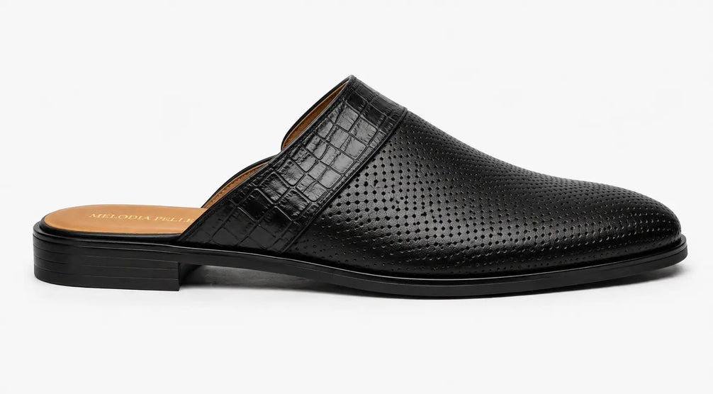 Molise Croc-Panel Perforated Mule for Men - Backless Open-Heel Leather Shoes