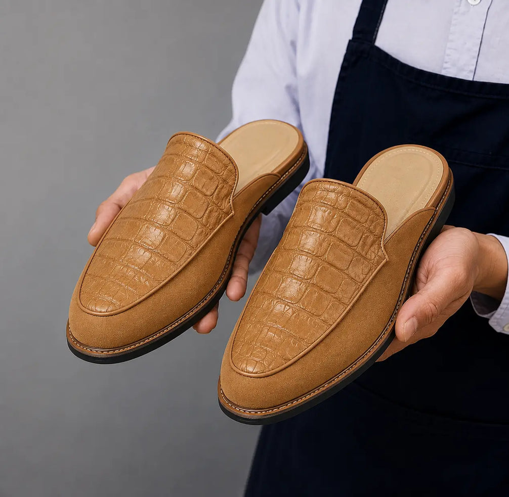 Maratea Croc-Panel Suede Mule for Men - Two-Material Backless Slip-On Shoes