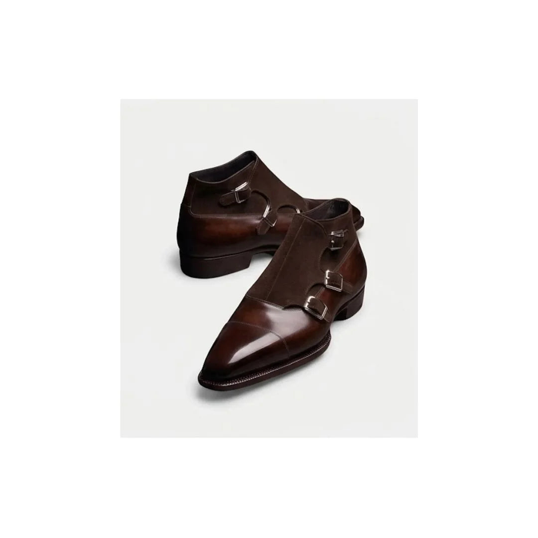 Mendrisio Suede-Body Cap-Toe Triple Monk Strap for Men - Two-Material Leather Dress Shoes