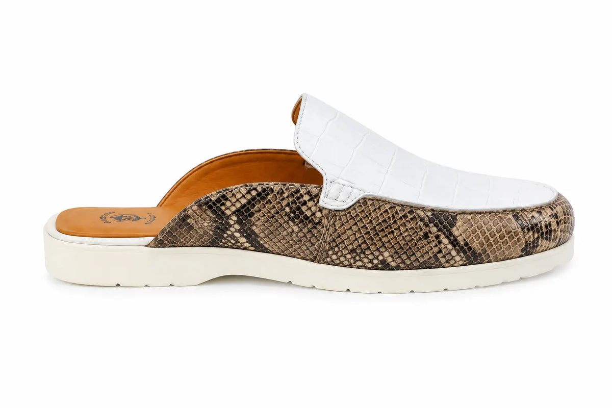 Marmaris Snake-Embossed Lug Mule for Men - Two-Material Backless Shoes
