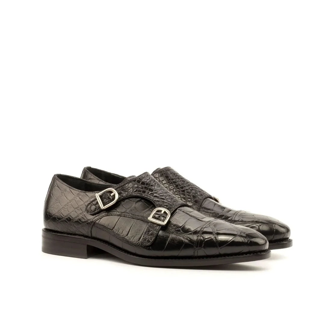 Mafra Matte Croc-Embossed Double Monk Strap for Men - Textured Leather Dress Shoes