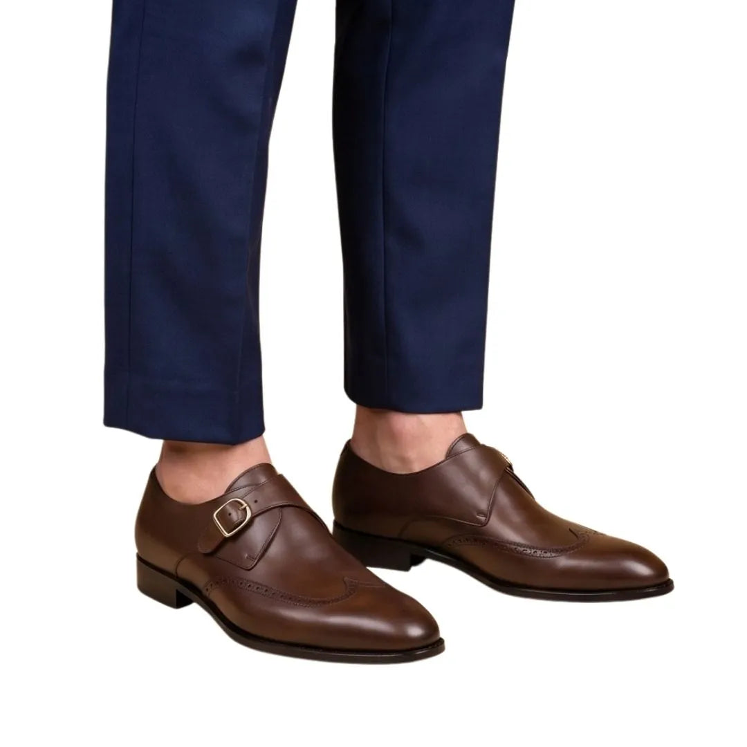 Magras Burnished Wingtip Monk Single Monk for Men - Brogued Monk Strap Shoes