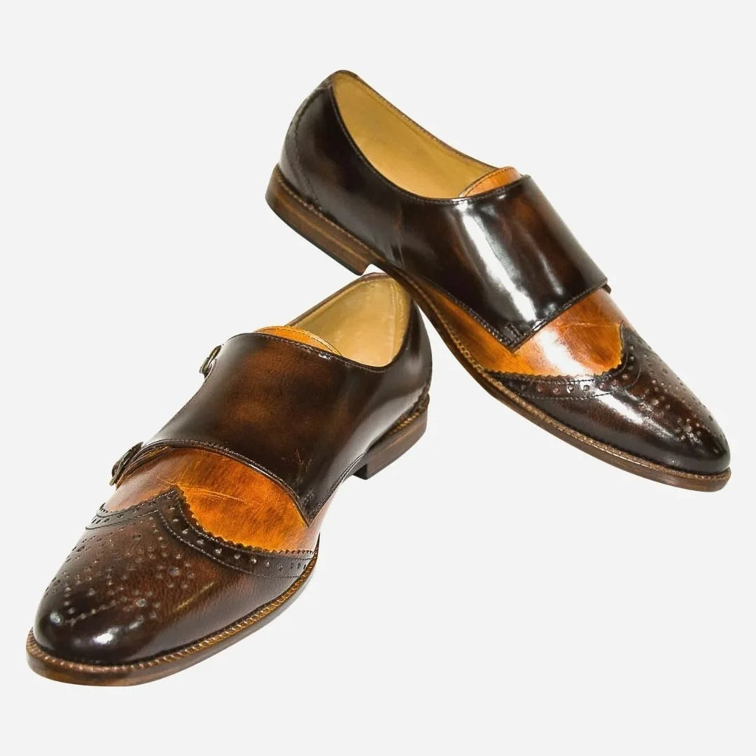 Mazarron Two-Tone Patina Wingtip Double Monk Strap for Men - Hand-Painted Brogue Shoes