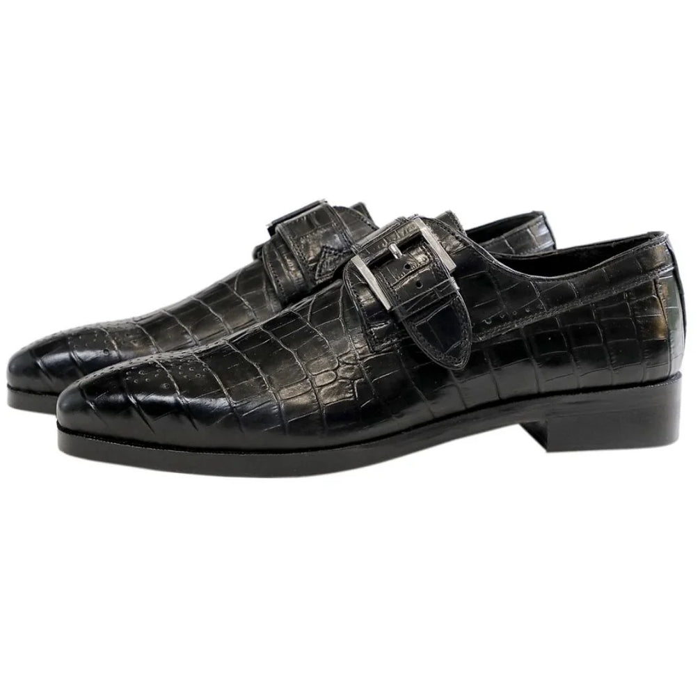 Magione Croc-Embossed Big-Buckle Single Monk Strap for Men - Leather Party Wear Shoes