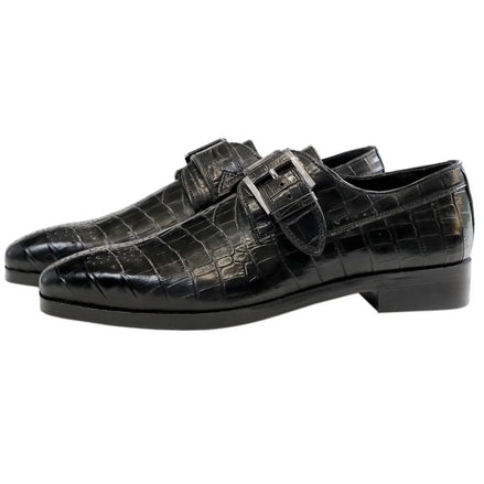 Magione Croc-Embossed Big-Buckle Single Monk Strap for Men - Leather Party Wear Shoes