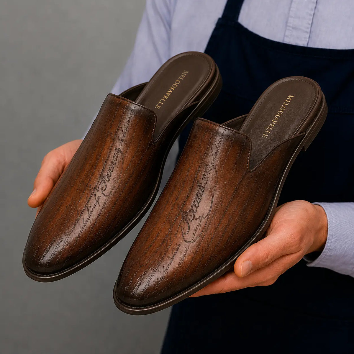 Mazzarino Hand-Inscribed Script Mule for Men - Backless Leather Slip-On Shoes