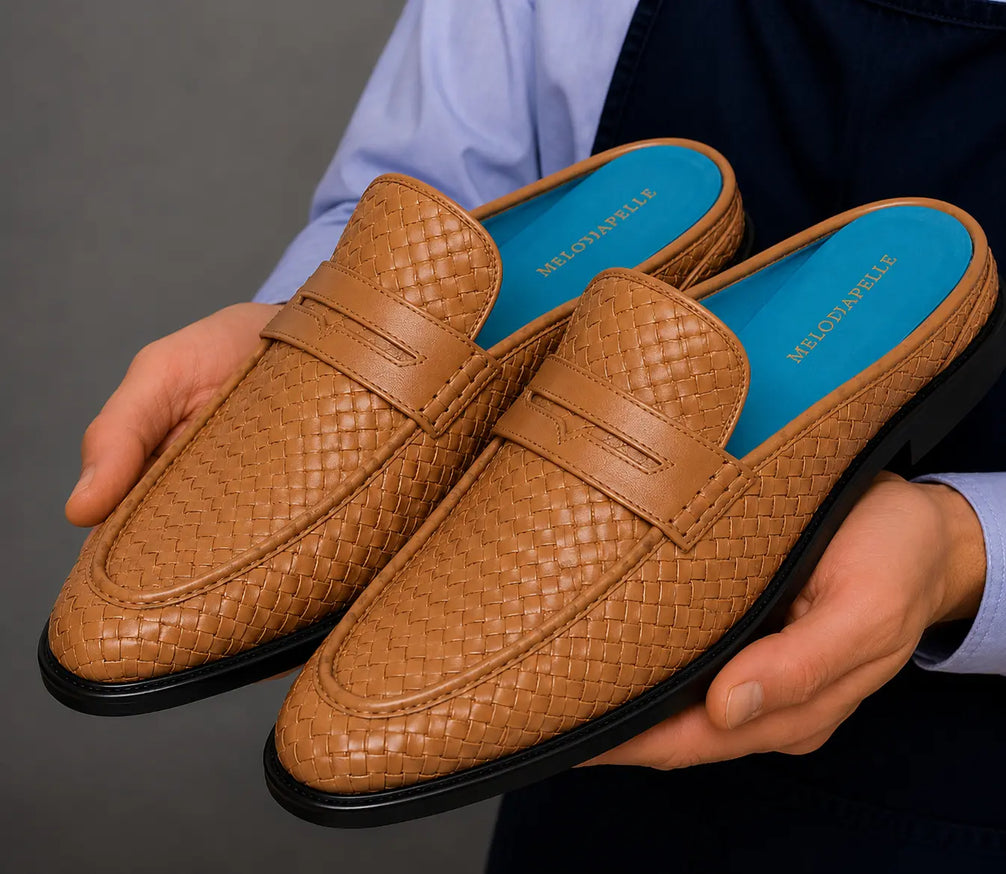 Mantero Woven-Embossed Penny Mule for Men - Backless Block-Heel Shoes