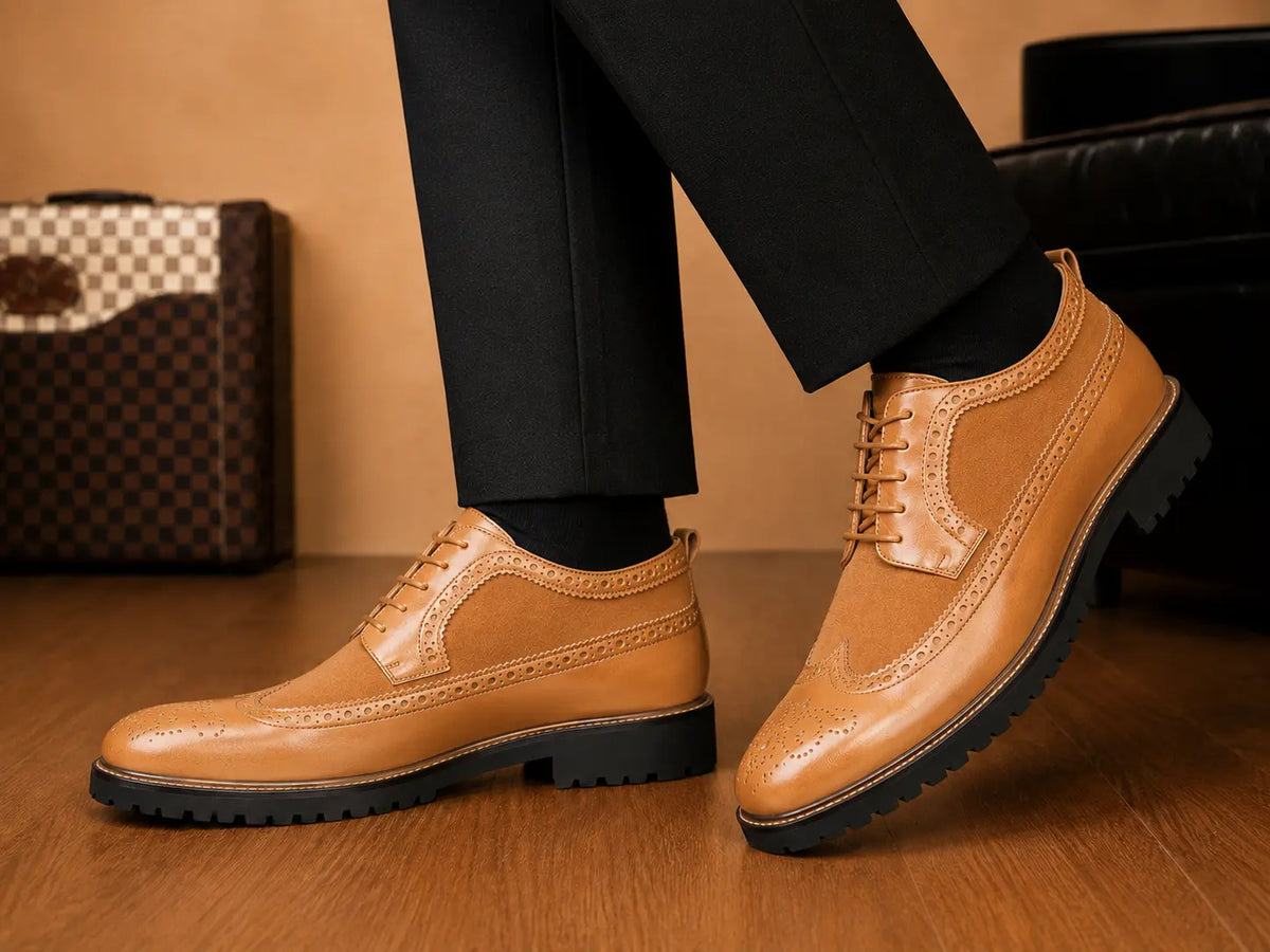 Mosaic Leather & Suede Wingtip Derby for Men - Goodyear Welted Lug-Sole Shoes