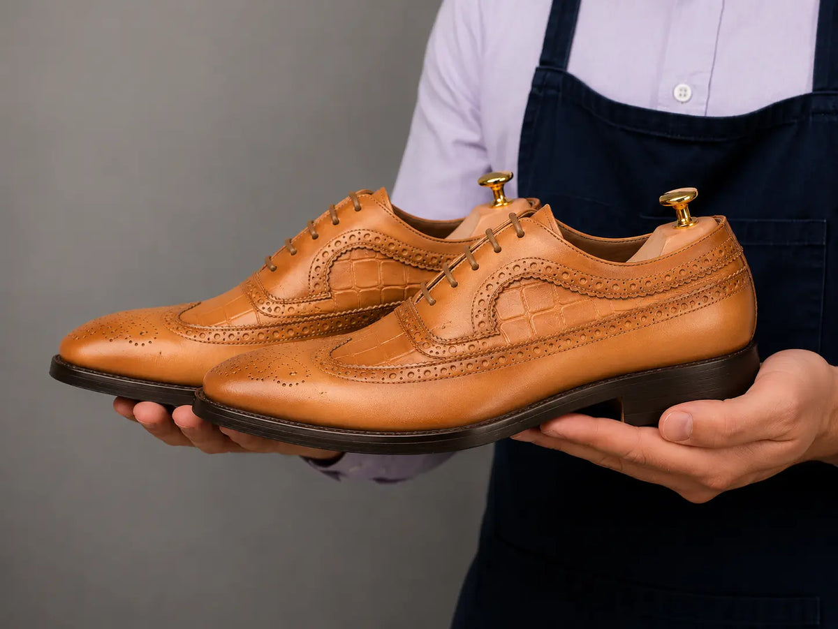 Malcomb Croc-Panel Wingtip Derby for Men - Goodyear Welted Leather Shoes