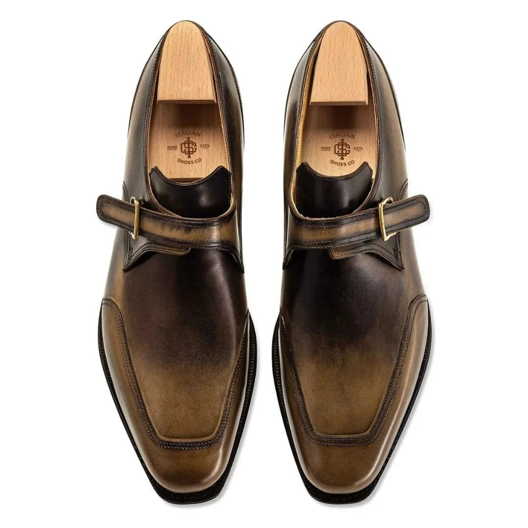 Maiori Antiqued Apron-Toe Single Monk Strap for Men - Square-Apron Burnished Dress Shoes