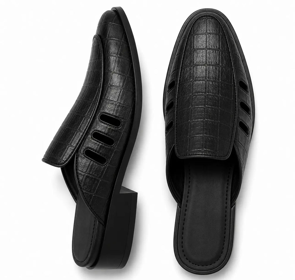 Melfi Croc-Embossed Slit-Vamp Mule for Men - Backless Block-Heel Shoes