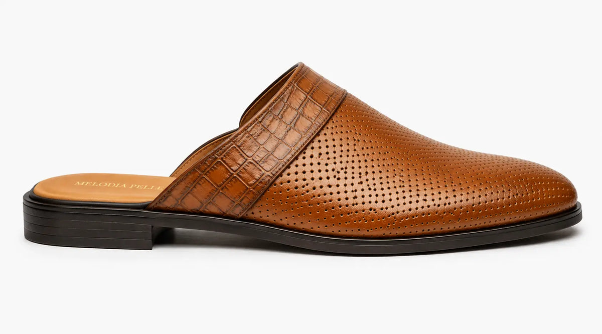 Molise Croc-Panel Perforated Mule for Men - Backless Open-Heel Leather Shoes