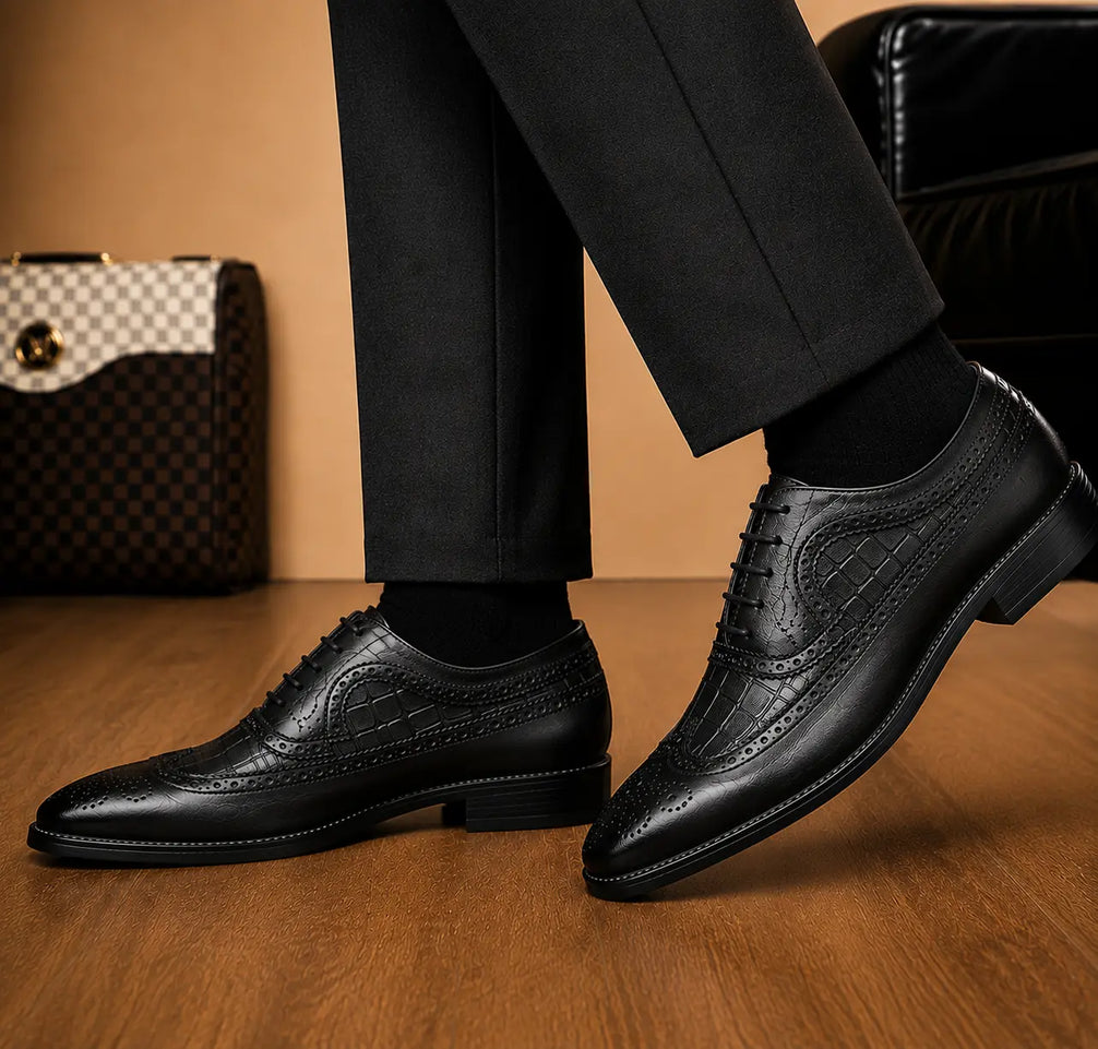 Malcomb Croc-Panel Wingtip Derby for Men - Goodyear Welted Leather Shoes