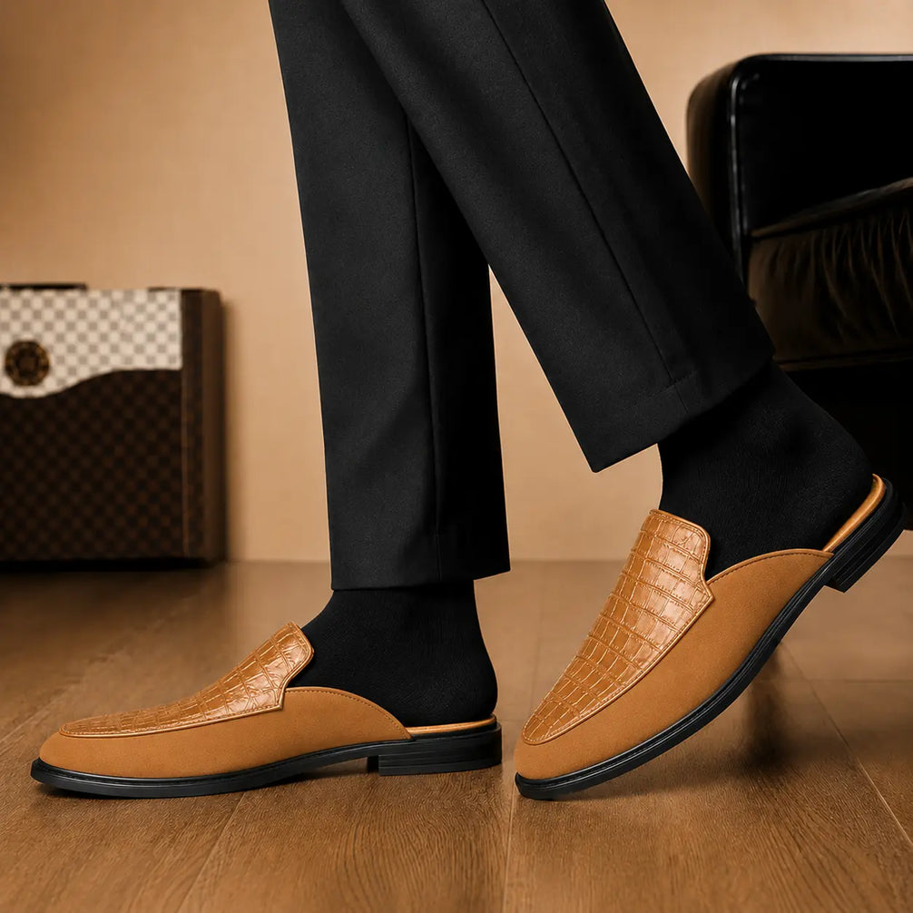 Maratea Croc-Panel Suede Mule for Men - Two-Material Backless Slip-On Shoes