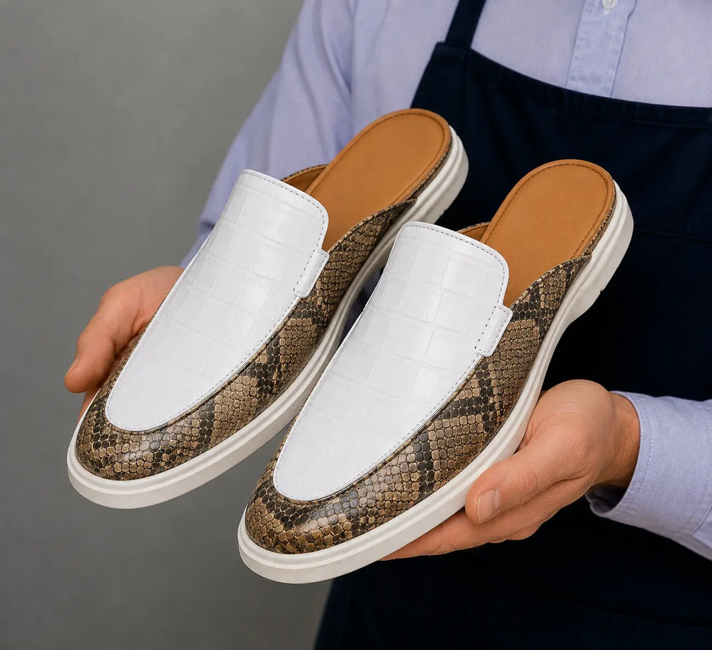 Marmaris Snake-Embossed Lug Mule for Men - Two-Material Backless Shoes