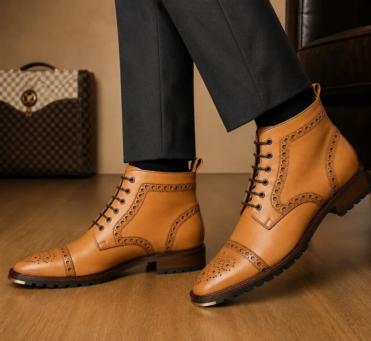 Mendoza Full-Brogue Cap-Toe Boot for Men - Handmade Leather Lace-Up Boots