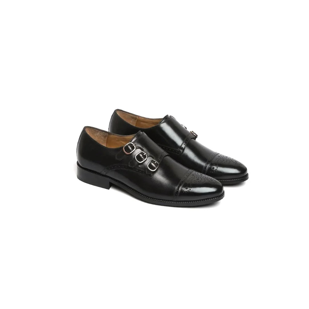 Morcote Brogued Cap-Toe Triple Monk Strap for Men - Perforated Leather Formal Shoes