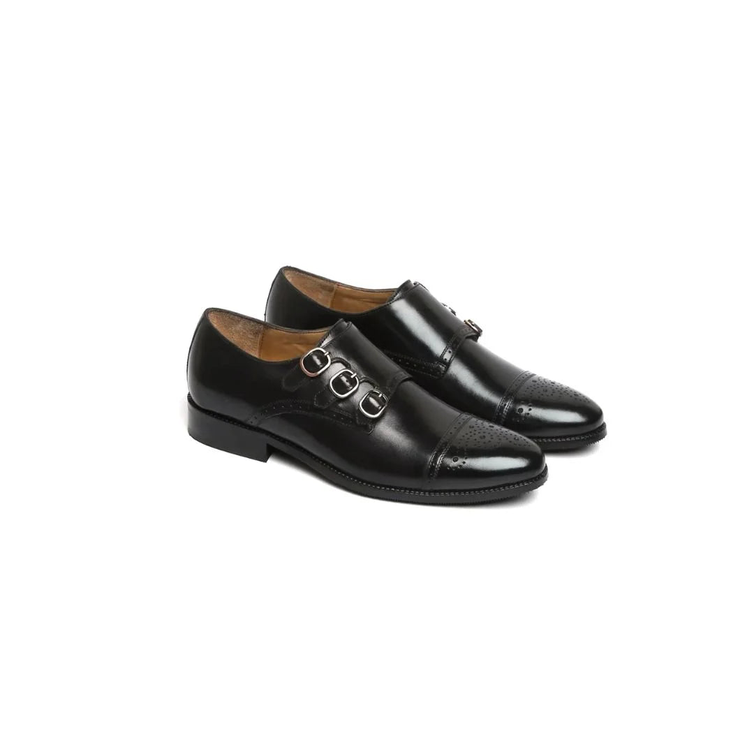 Morcote Brogued Cap-Toe Triple Monk Strap for Men - Perforated Leather Formal Shoes