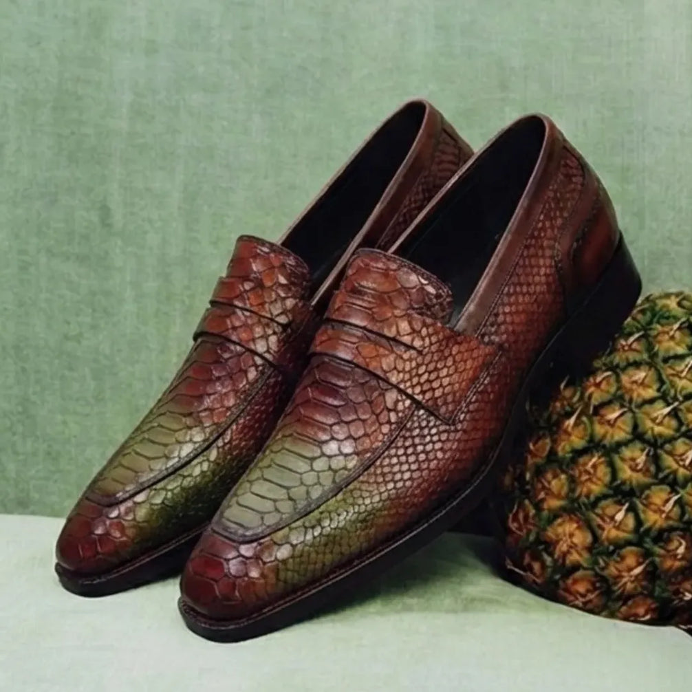 Marone Python-Embossed Patina Penny Loafer for Men - Statement Penny Loafers