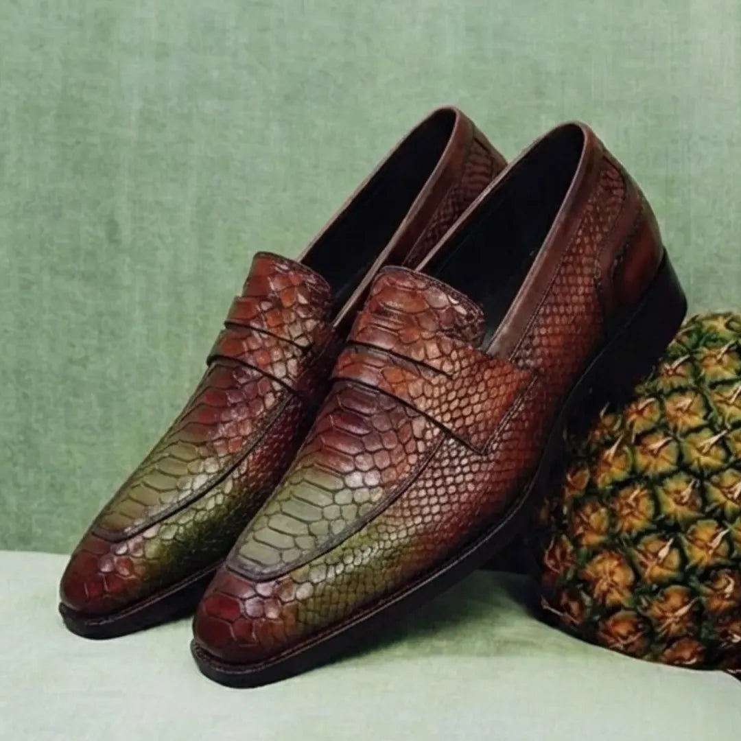 Marone Python-Embossed Patina Penny Loafer for Men - Statement Penny Loafers