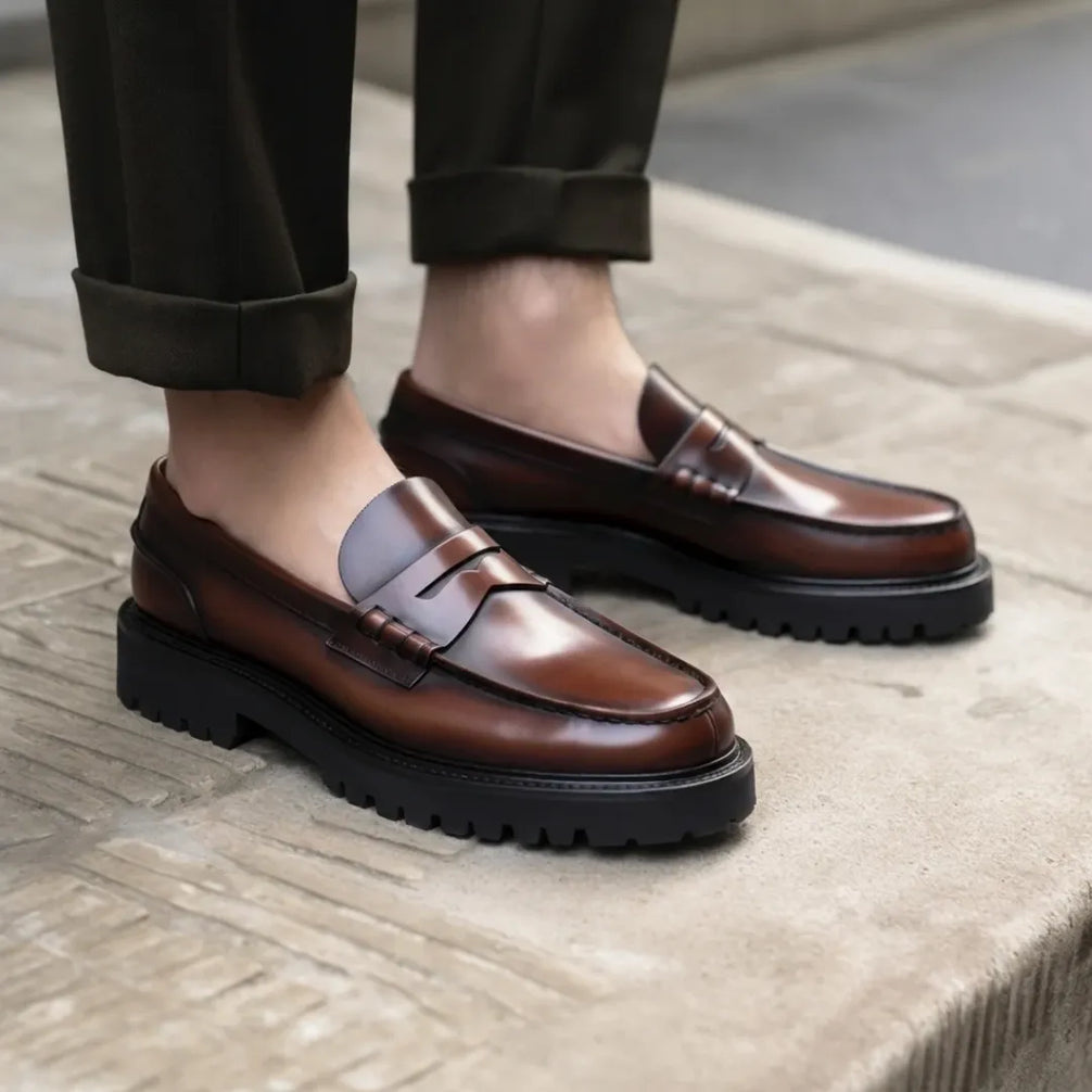 Martirano Lug Burnished Penny Loafer for Men - Chunky Penny Loafers