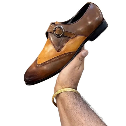 Muggia Ring-Buckle Suede-Wing Single Monk Strap for Men - Two-Tone Brogue Dress Shoes