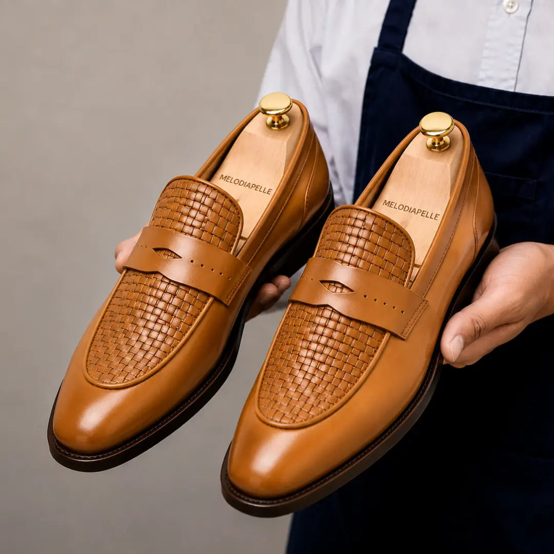 Maison Hand-Woven Two-Tone Penny Loafer for Men - Goodyear Welted Leather Shoes