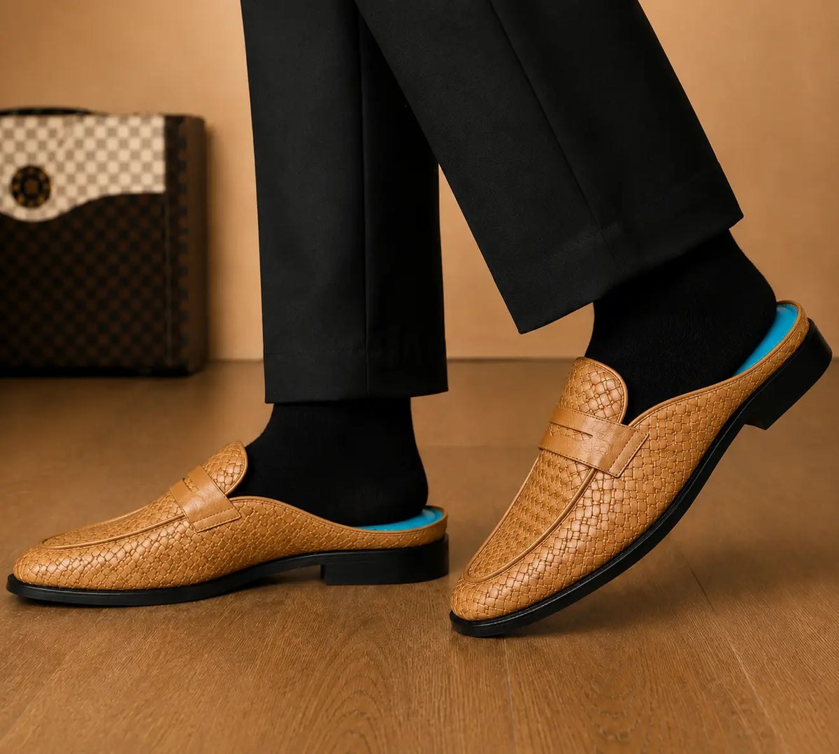 Mantero Woven-Embossed Penny Mule for Men - Backless Block-Heel Shoes