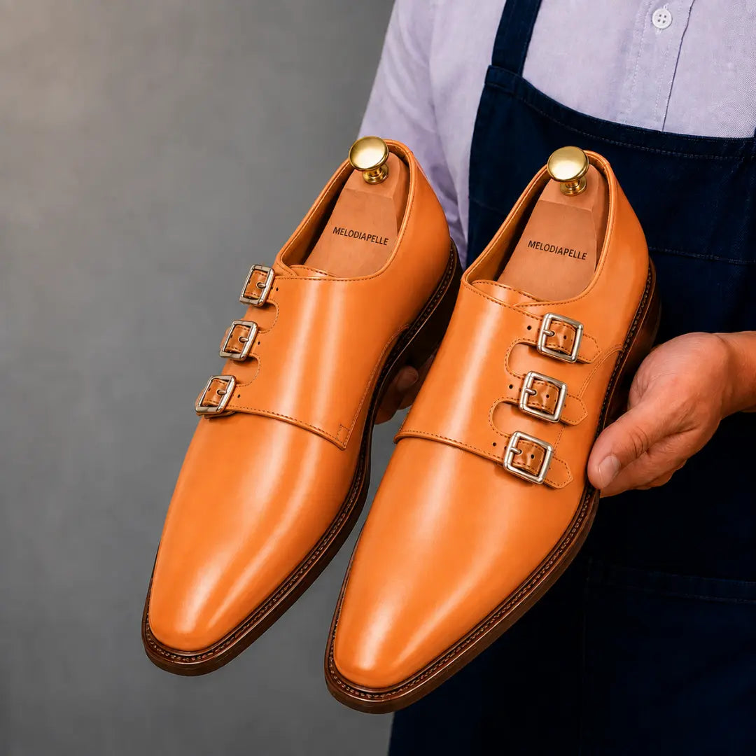 Milan Triple Monk Strap Shoes for Men - Goodyear Welted Full-Grain Leather
