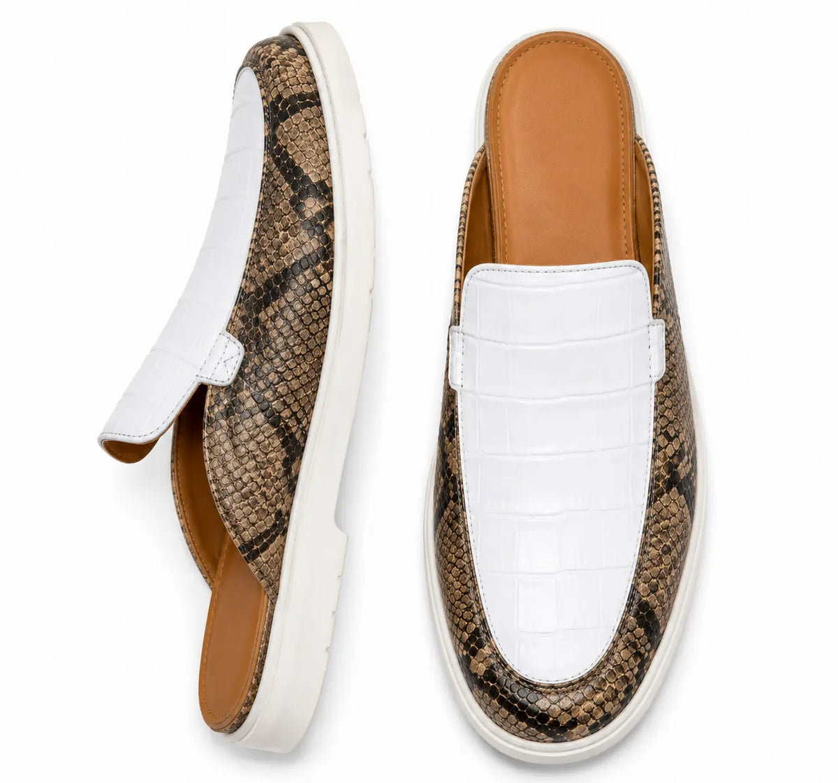 Marmaris Snake-Embossed Lug Mule for Men - Two-Material Backless Shoes