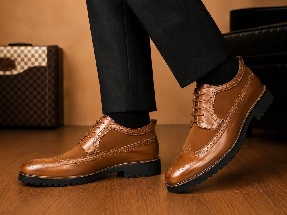 Mosaic Leather & Suede Wingtip Derby for Men - Goodyear Welted Lug-Sole Shoes