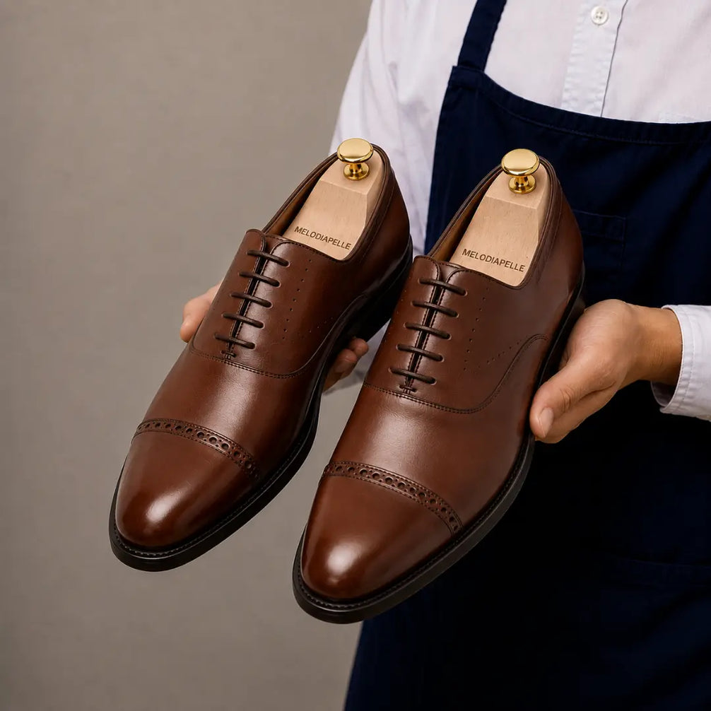 Marcello Burnished Semi-Brogue Cap-Toe Oxford for Men - Goodyear Welted Formal Shoes
