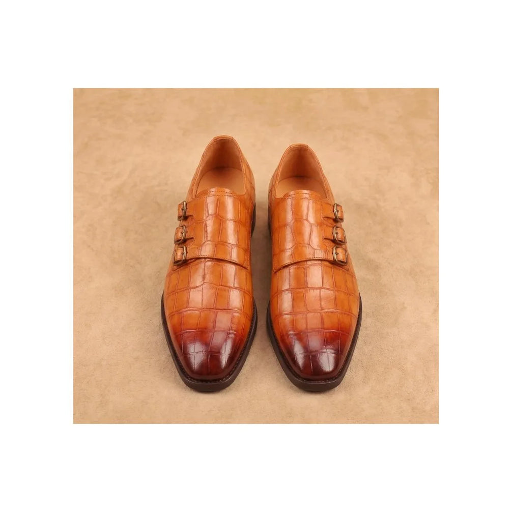 Manerbio Burnished Croc-Embossed Triple Monk Strap for Men - Croc Leather Statement Shoes
