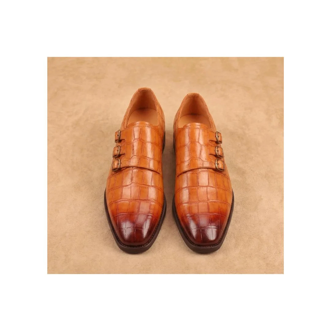Manerbio Burnished Croc-Embossed Triple Monk Strap for Men - Croc Leather Statement Shoes