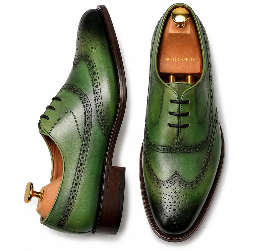 Mossverde Hand-Patina Wingtip Brogue Oxford for Men - Goodyear Welted Leather Shoes