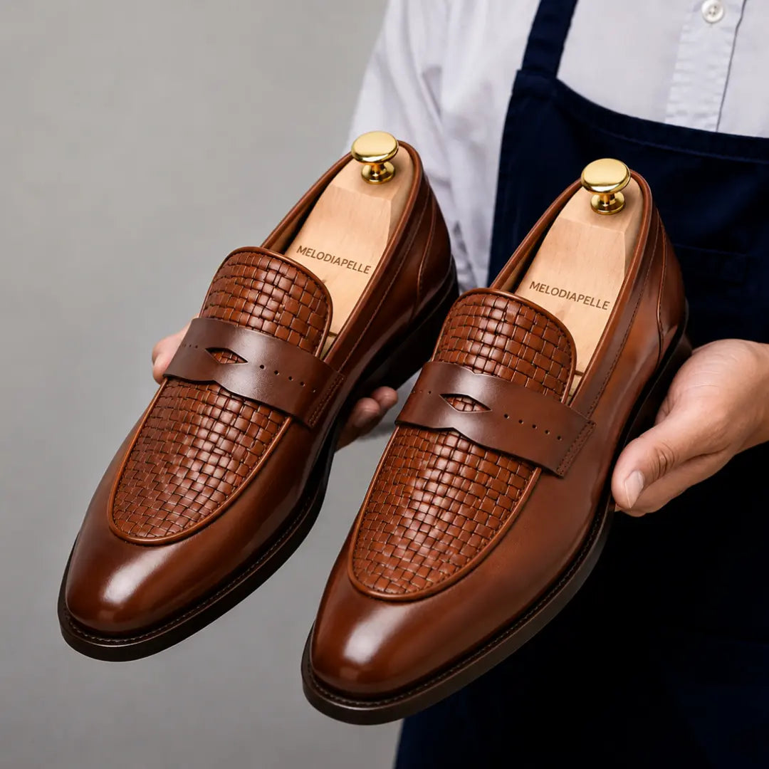 Maison Hand-Woven Two-Tone Penny Loafer for Men - Goodyear Welted Leather Shoes