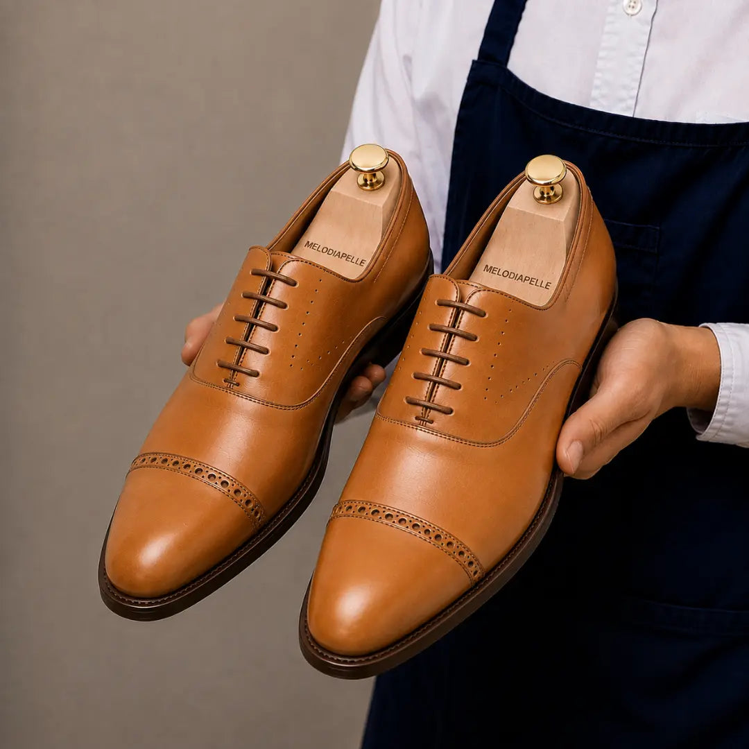 Marcello Burnished Semi-Brogue Cap-Toe Oxford for Men - Goodyear Welted Formal Shoes