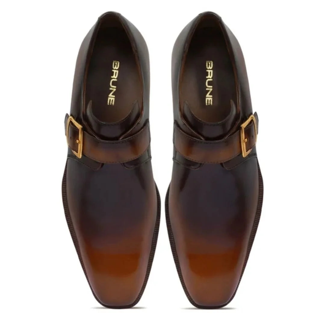 Malcesine Burnished Plain-Toe Single Monk Strap for Men - Chisel-Toe Leather Dress Shoes