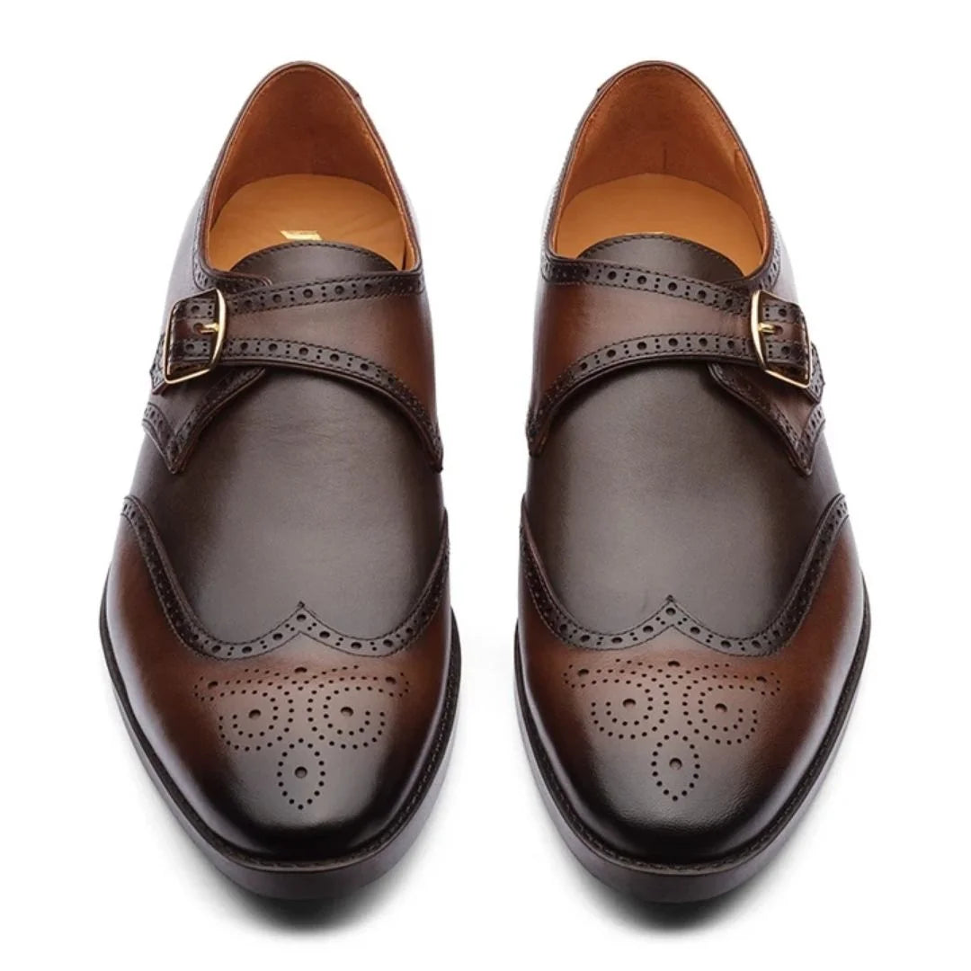 Massarosa Medallion Full-Brogue Single Monk Strap for Men - Wingtip Leather Dress Shoes