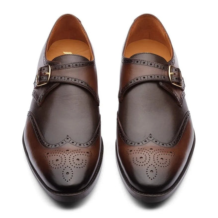Massarosa Medallion Full-Brogue Single Monk Strap for Men - Wingtip Leather Dress Shoes