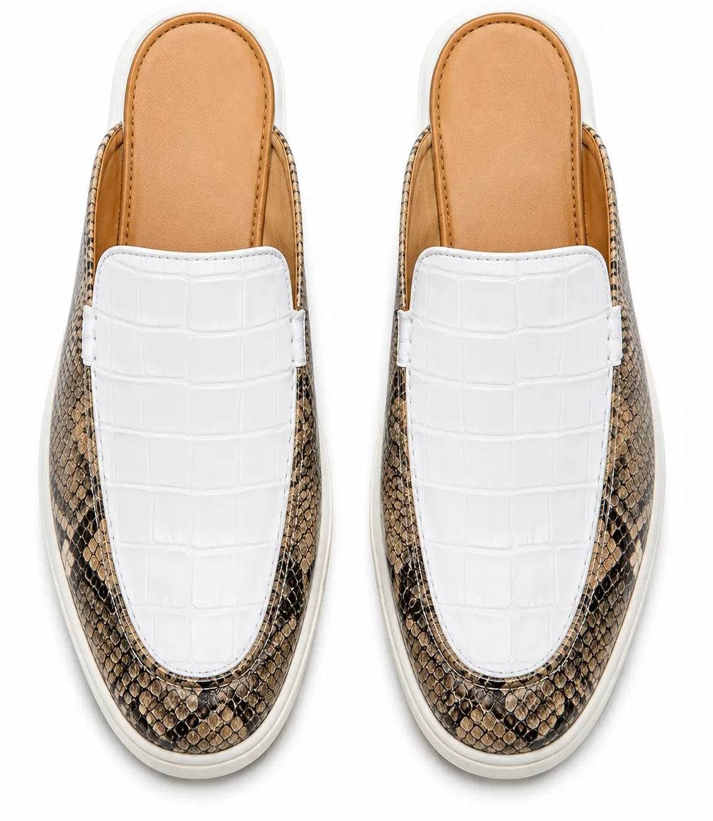 Marmaris Snake-Embossed Lug Mule for Men - Two-Material Backless Shoes