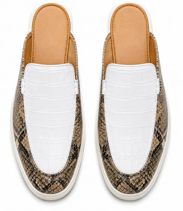 Marmaris Snake-Embossed Lug Mule for Men - Two-Material Backless Shoes