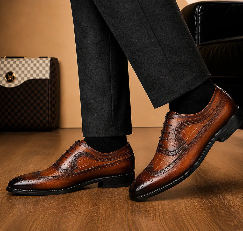 Malcomb Croc-Panel Wingtip Derby for Men - Goodyear Welted Leather Shoes