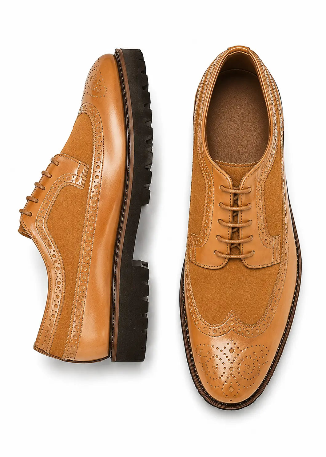 Mosaic Leather & Suede Wingtip Derby for Men - Goodyear Welted Lug-Sole Shoes