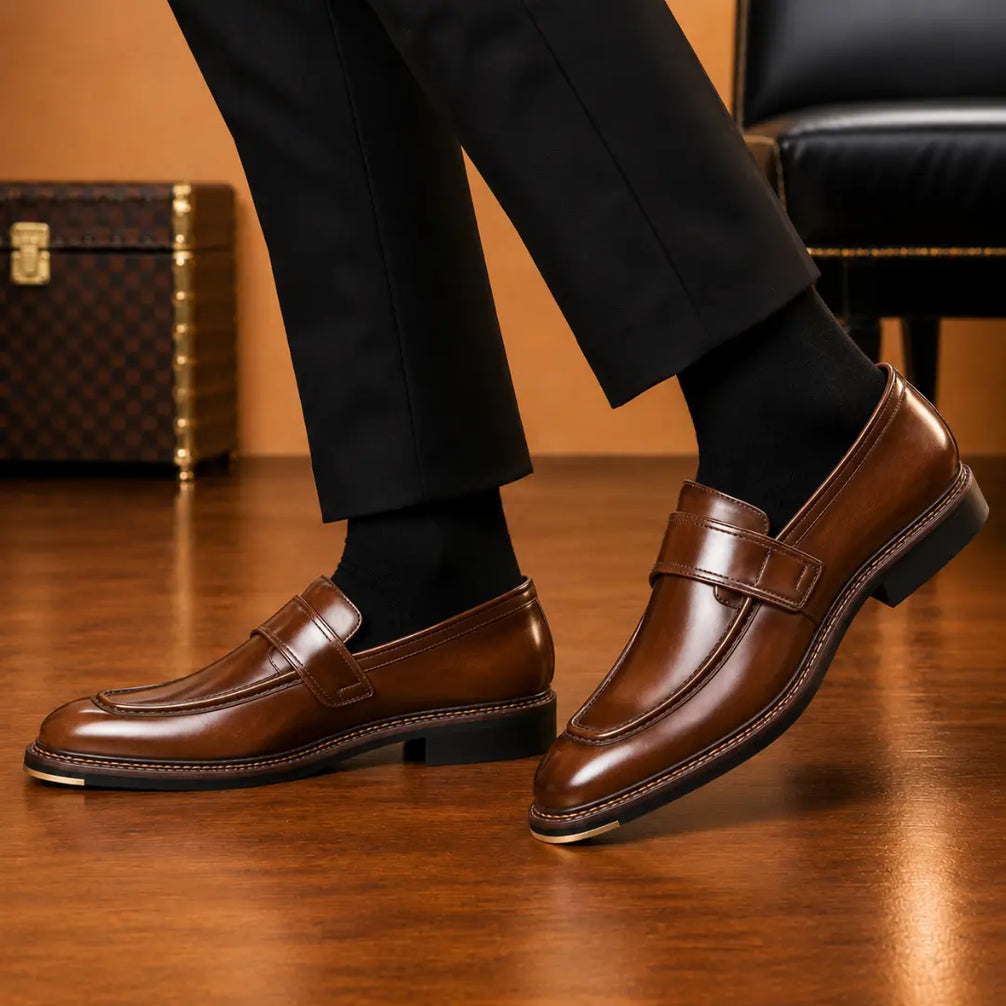 Marquis Braided-Welt Dress Penny Loafer for Men - Handmade Block-Heel Leather Shoes