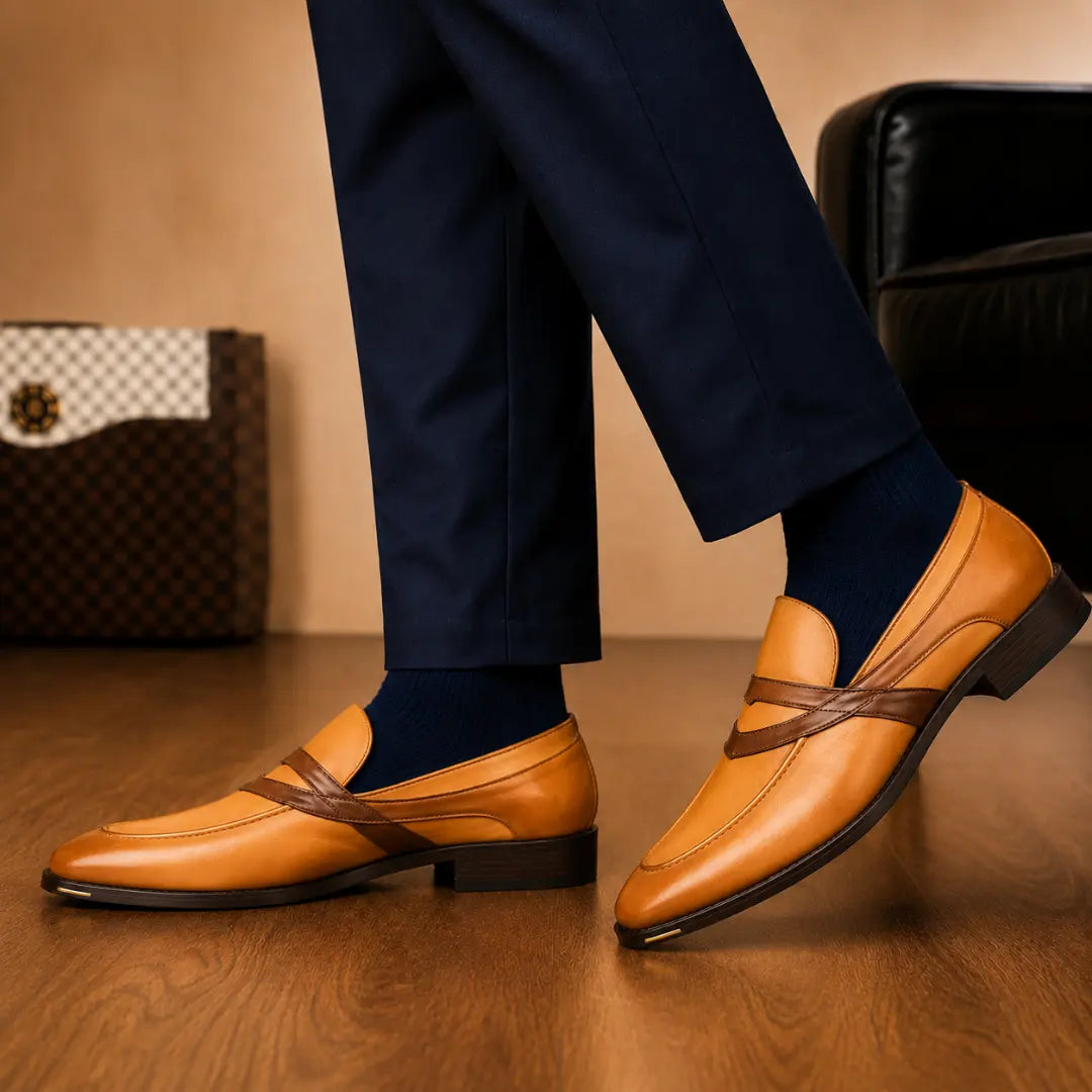 Mirasol Two-Tone Crossed-Strap Dress Loafer for Men - Hand-Patina Leather Shoes