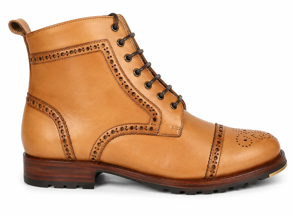 Mendoza Full-Brogue Cap-Toe Boot for Men - Handmade Leather Lace-Up Boots